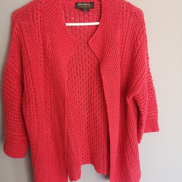 100% Linen Eddie Bauer Open Front Knit Cardigan Bright Coral 3/4 sleeve Size M - Picture 2 of 11